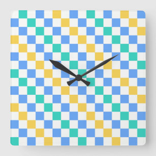 Beach day diagonal checkerboard pattern square wall clock