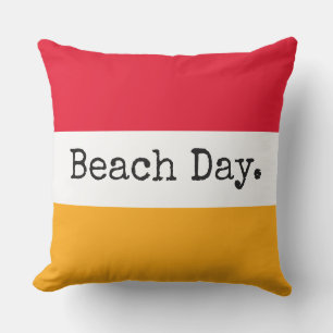 BEACH DAY Fun Bright Red Yellow White Stripes Outdoor Pillow