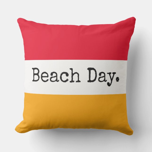 BEACH DAY Fun Bright Red Yellow White Stripes Outdoor Pillow (Front)