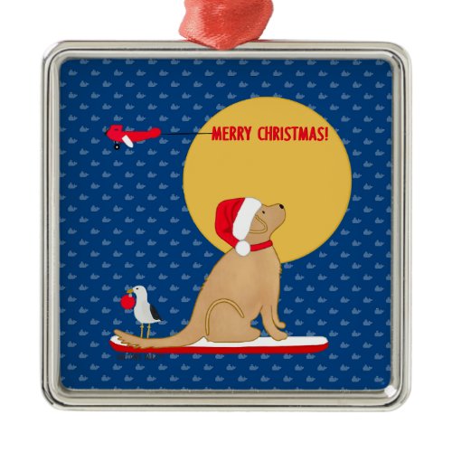 Beach Day Surfing Golden Santa Dog Ornament
