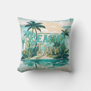 Beach Day Teal Beige Palm Trees Beach Coastal Throw Pillow