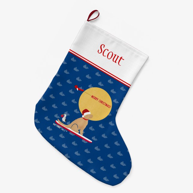 Beach Day Whales Surfing Golden Dog Stocking (Front (Hanging))