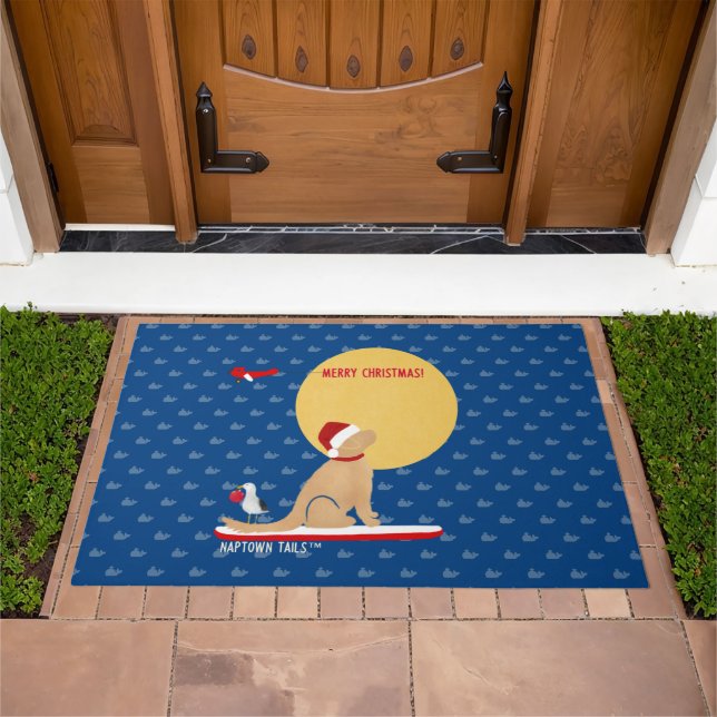 Beach Day Whales Surfing Golden Santa Dog Doormat (Outdoor)