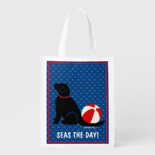 Beach Days Black Dog Blue Whales Grocery Bag