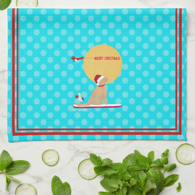 Beach Days Golden Christmas Aqua Kitchen Towel (Folded)
