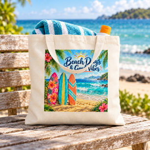 Beach Days & Good Vibes Tropical Surfboards Tote Bag