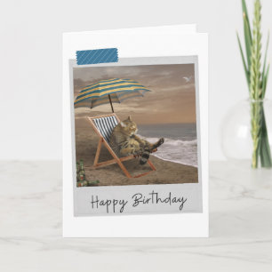 Beach Deckchair Cat Funny Birthday Card