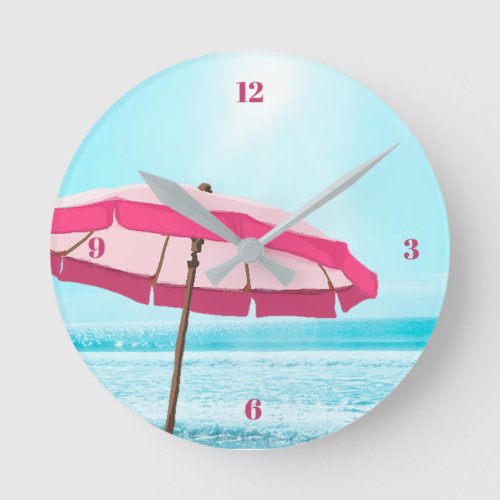  Beach Decor Ocean Blue Summer Surf Pink Umbrella Round Clock