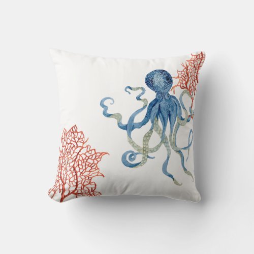 Beach Decor Red Fan Coral Blue Octopus Watercolor Throw Pillow