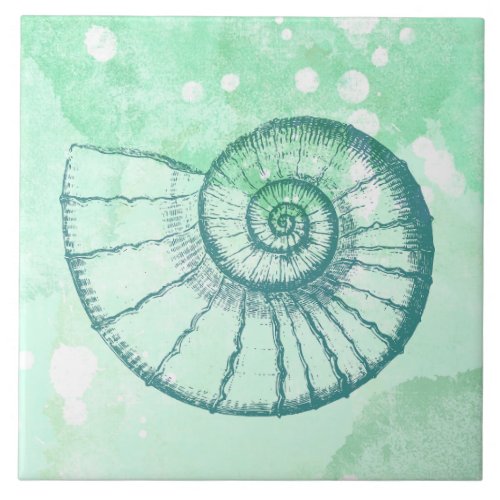 Beach Decor Spiral Seashell Blue Watercolor Ceramic Tile