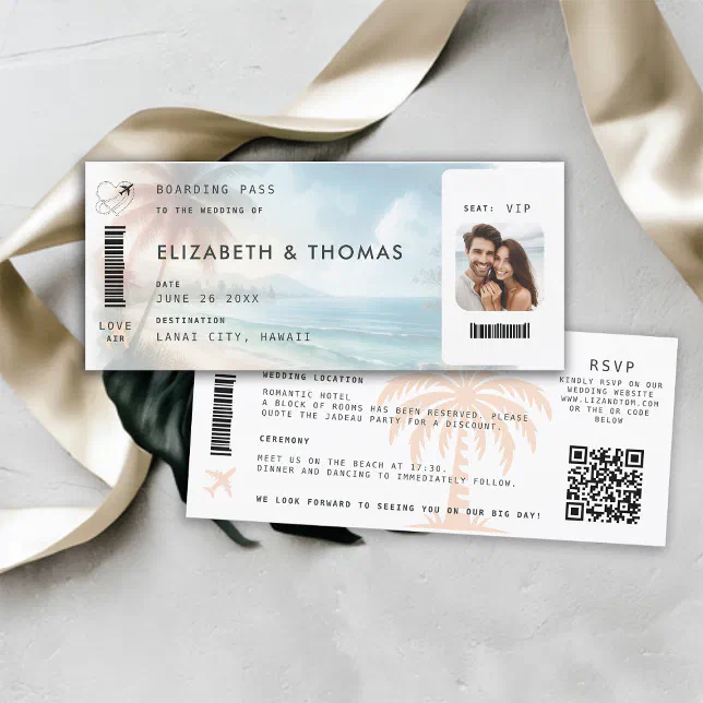 Beach Destination Boarding Pass QR All One Wedding Invitation | Zazzle