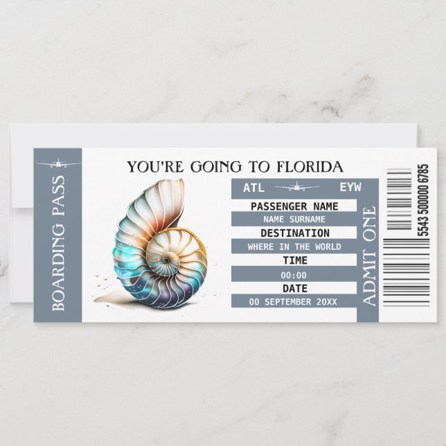 Beach destination boarding pass ticket shell invitation (Front)