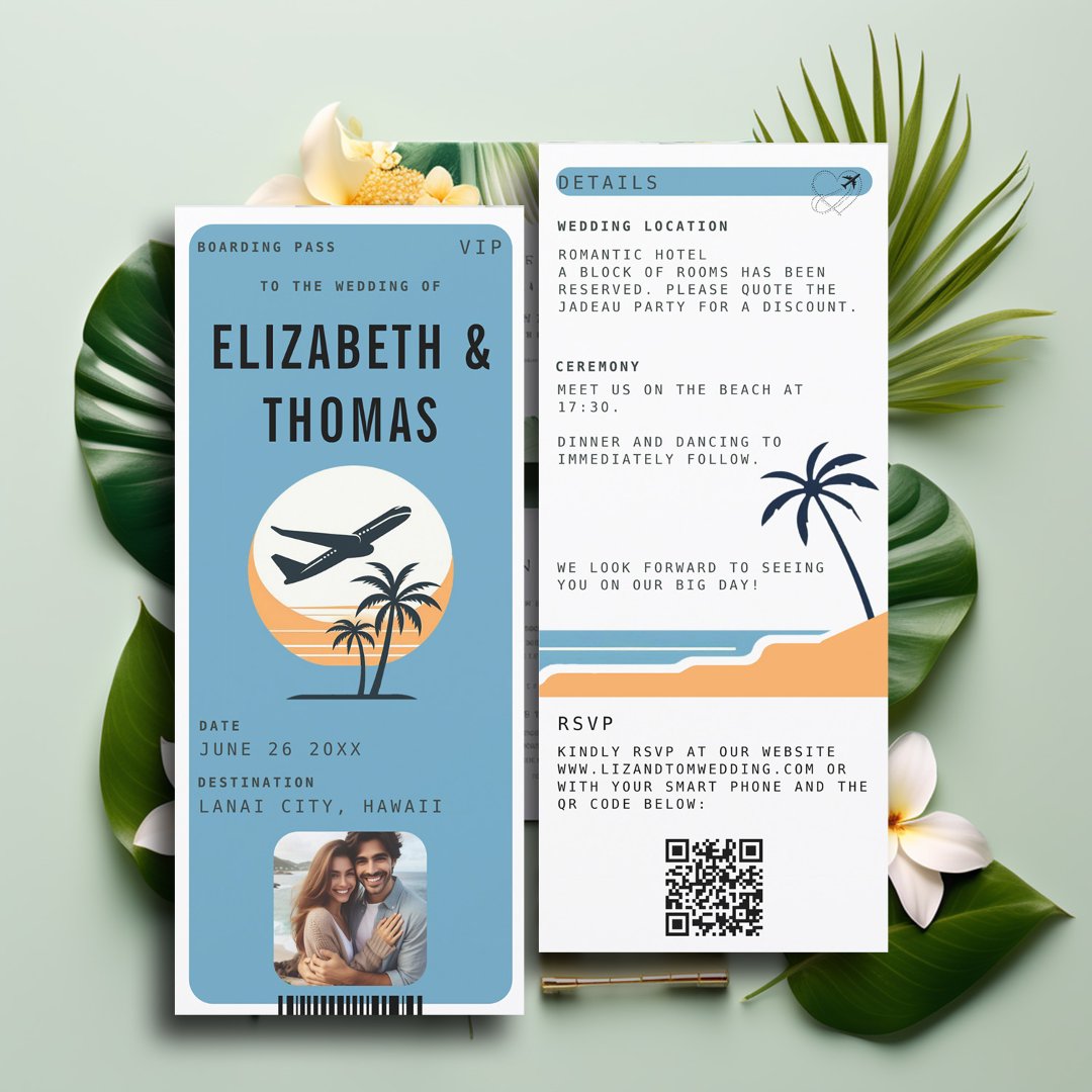 Beach Destination Modern Tropical Photo Wedding                    Invitation