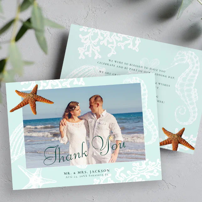 Beach destination starfish wedding photo thank you card | Zazzle