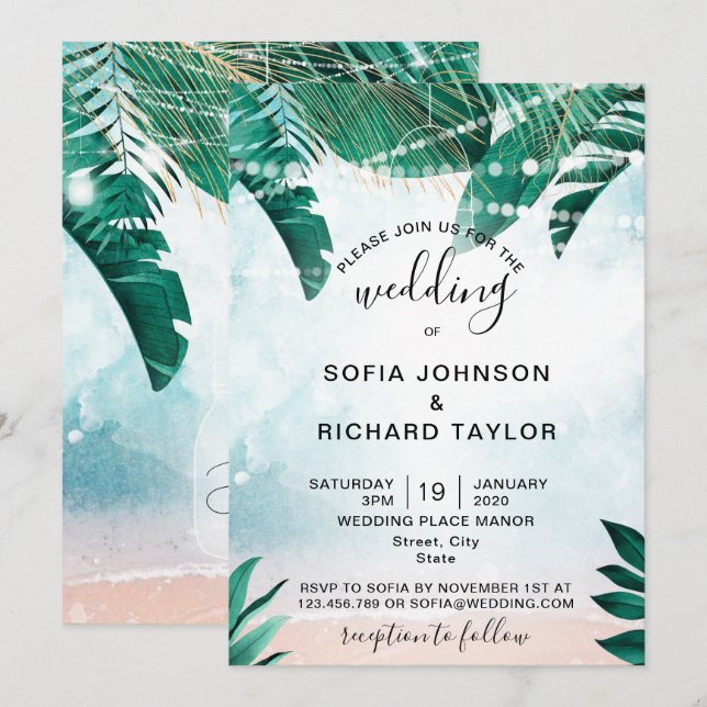 beach destination tropical summer watercolor sea invitation (Front/Back)