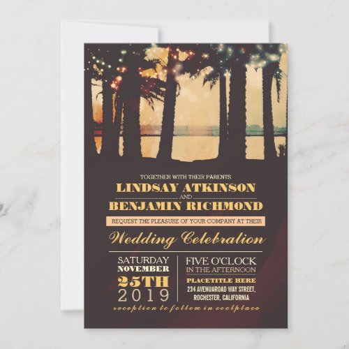 Beach - Destination Wedding Invitation - Romantic seaside sunset beach wedding invitation with colorful string lights hanging on the palm trees. Modern yet vintage - old fashioned - retro invite for beach or destination wedding theme. ----If you push CUSTOMIZE IT button you will be able to change the font style, color, size, move it etc. it will give you more options! Contact me if you need more matching items or have a custom color request. 


 
  


 
  


 
