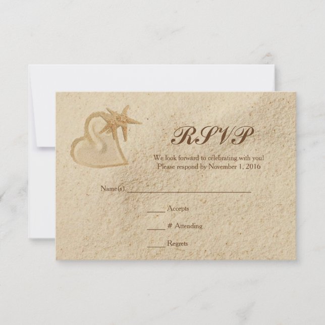 Beach Destination Wedding RSVP Sand & Heart (Front)