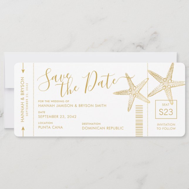 Beach Destination Wedding Starfish Boarding Pass Save The Date (Front)