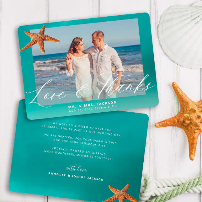 Beach destination wedding starfish custom photo thank you card | Zazzle