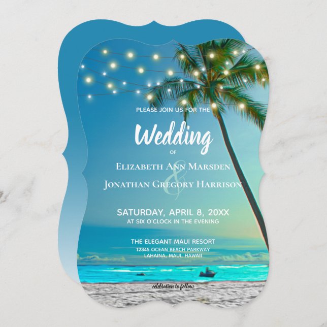 Beach Destination Wedding String Lights Palms Invitation (Front/Back)