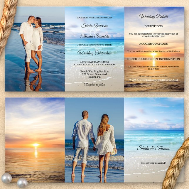 Beach Destination Wedding Tri-fold Invitation (Tri-fold beach destination wedding invitation with your own favorite photos and a colorful beach)