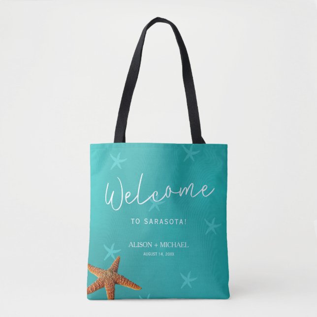 Beach destination wedding welcome blue starfish tote bag (Front)