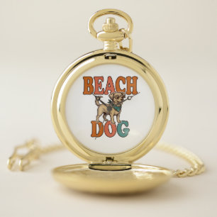 Beach Dog Vintage Engraving Graphic Design_1 Pocket Watch