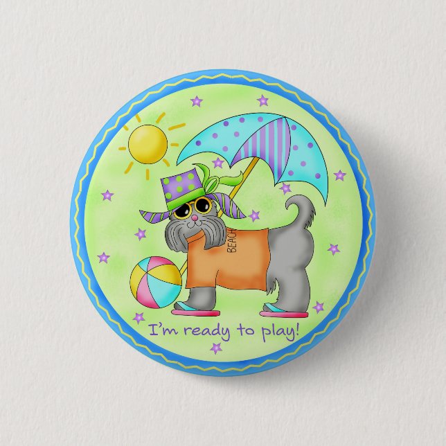 Beach Dog Whimsy Art Green Blue Button (Front)