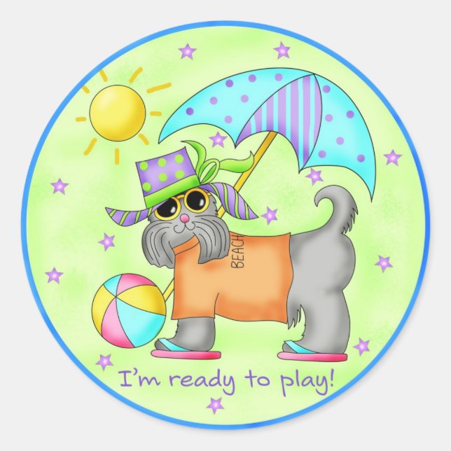 Beach Dog Whimsy Art Green Blue Classic Round Sticker (Front)