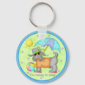 Beach Dog Whimsy Art Green Blue Keychain