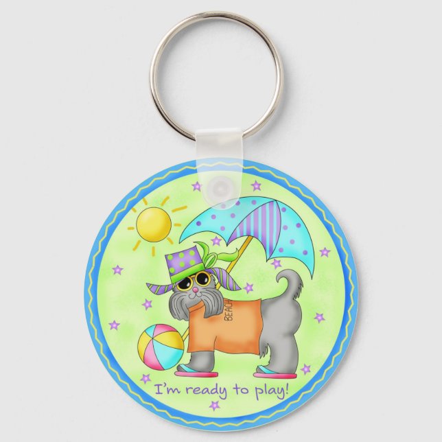 Beach Dog Whimsy Art Green Blue Keychain (Front)