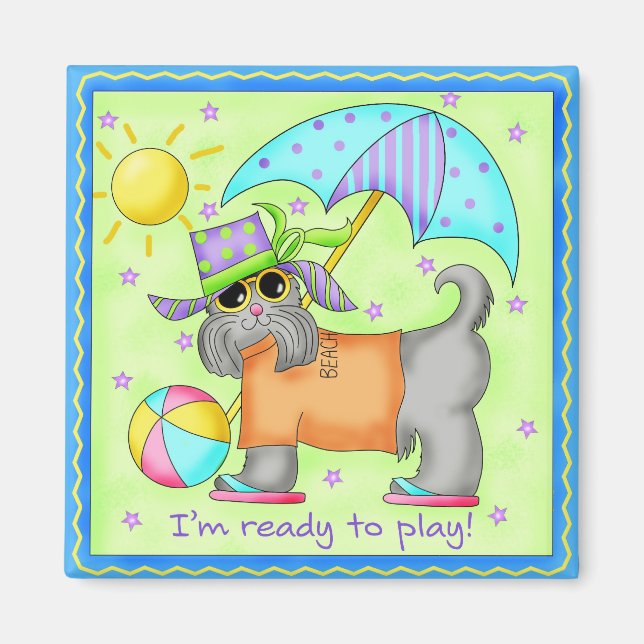 Beach Dog Whimsy Art Green Blue Magnet (Front)