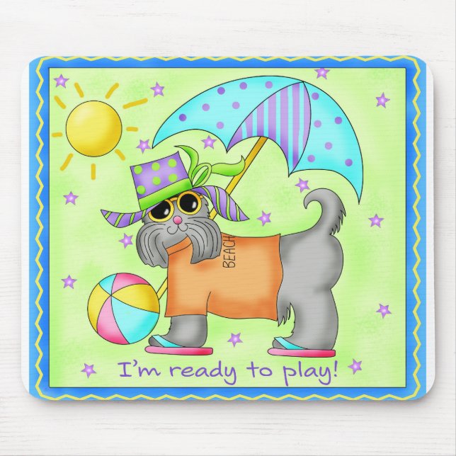 Beach Dog Whimsy Art Green Blue Mouse Pad (Front)