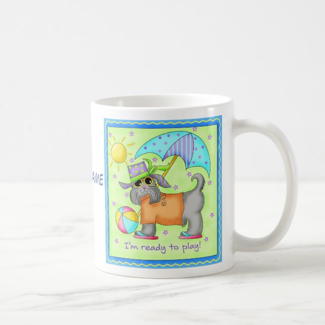 Beach Dog Whimsy Art Green Blue Name Personalize Coffee Mug (Right)