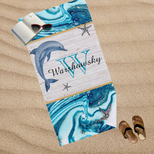 Beach Dolphin Blue Marble Family Monogram Beach Towel