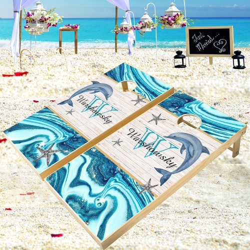 Beach Dolphin Blue Marble Family Monogram Cornhole