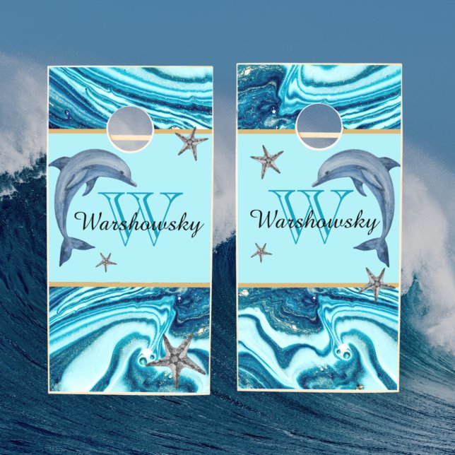 Beach Dolphin Blue Marble Family Monogram Cornhole Set (Creator Uploaded)