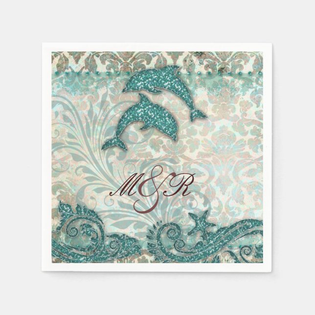 Beach Dolphin Damask Wedding Anniversary Paper Napkins (Front)