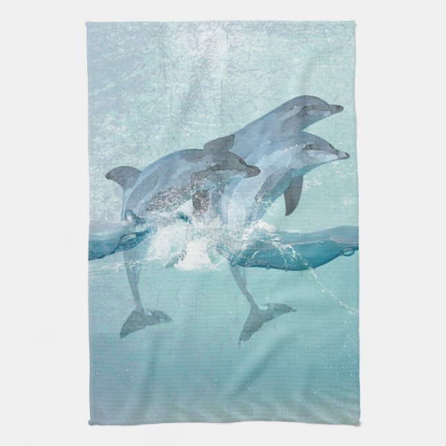 Beach Dolphins Nautical Watercolor Kitchen Towel (Vertical)