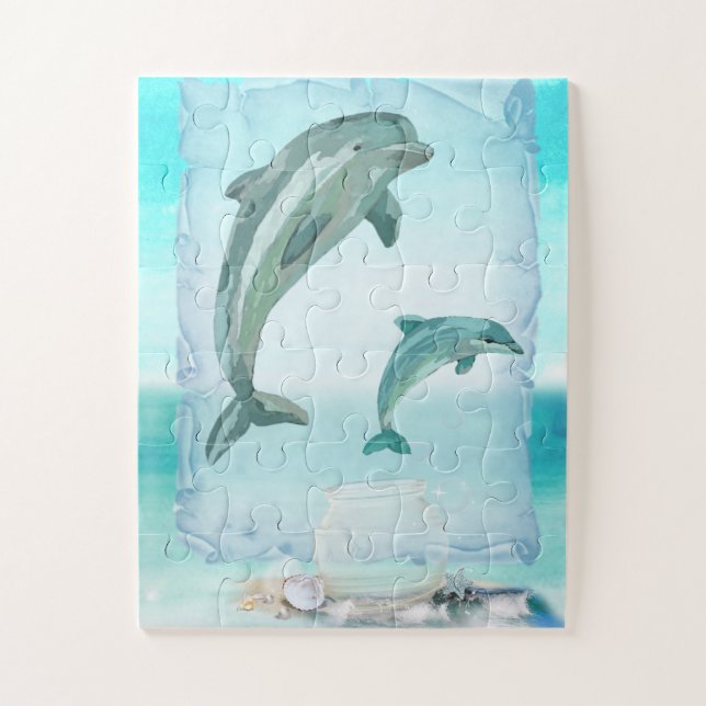 Beach Dolphins Watercolor Art Jigsaw Puzzle (Vertical)