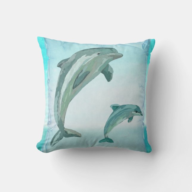 Beach Dolphins Watercolor Art Throw Pillow (Front)