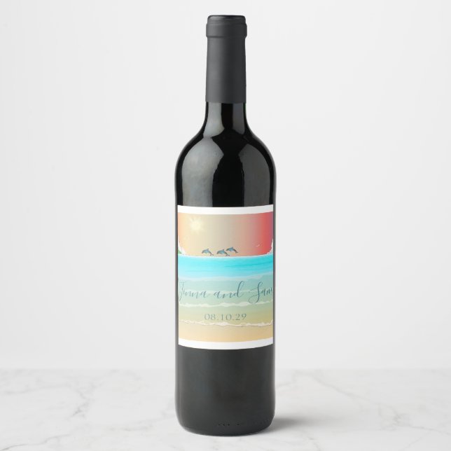 Beach Dolphins Wedding Wine Bottle Label (Front)