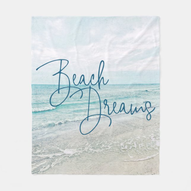 Beach Dreams Inspirational Quote Retro Ocean Waves Fleece Blanket (Front)