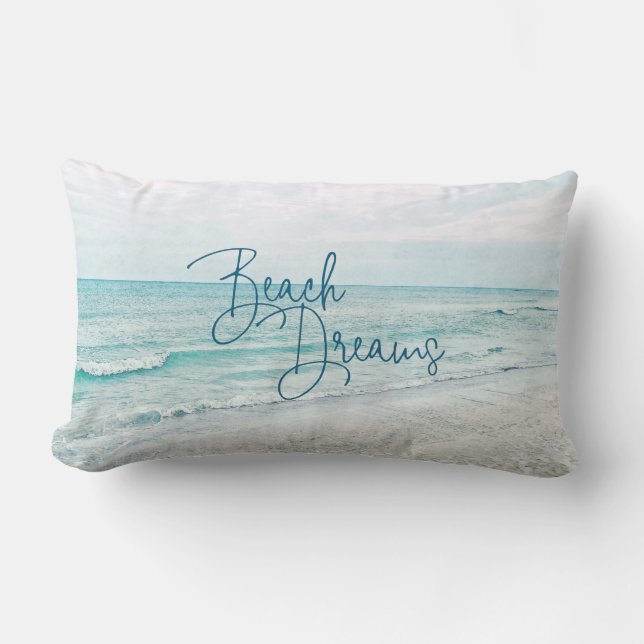 Beach Dreams Inspirational Quote Retro Ocean Waves Lumbar Pillow (Front)