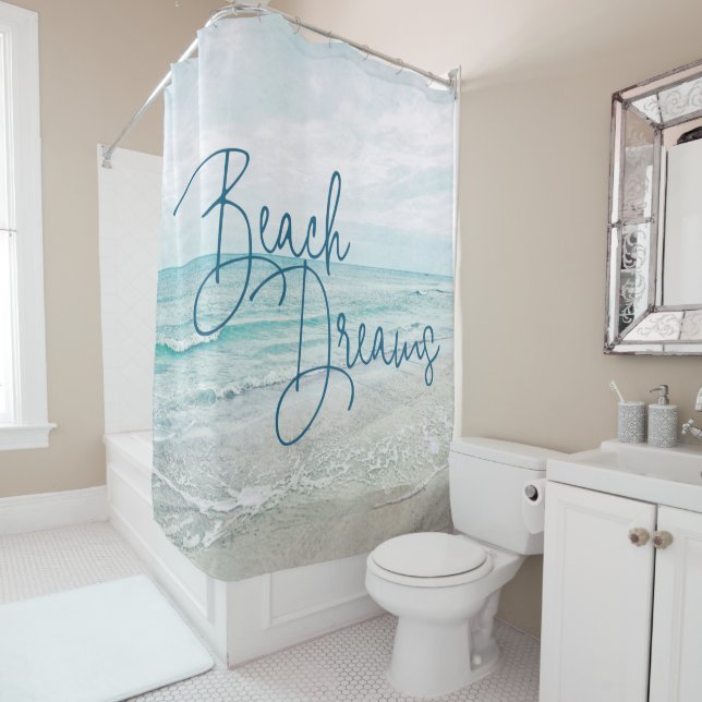 Beach Dreams Inspirational Quote Retro Ocean Waves Shower Curtain (In Situ)
