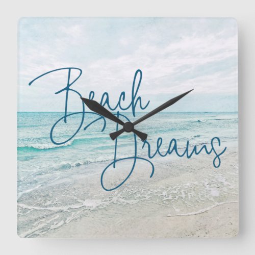 Beach Dreams Inspirational Quote Retro Ocean Waves Square Wall Clock