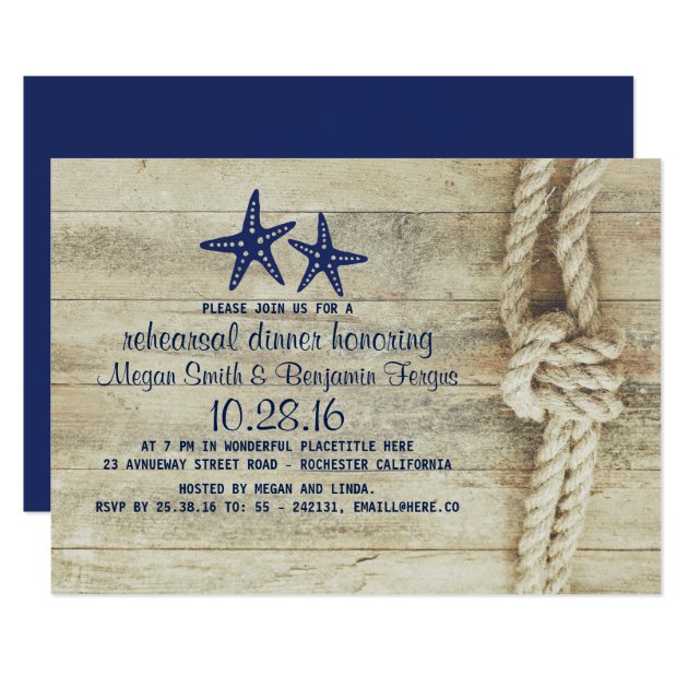 Beach Driftwood Nautical Navy Rehearsal Dinner Invitation