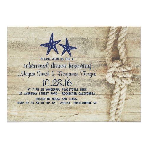 Beach Driftwood Nautical Navy Rehearsal Dinner Invitation