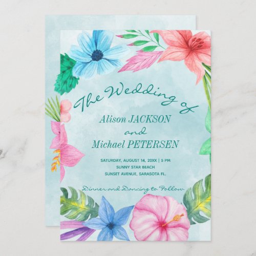 Beach dusty blue tropical floral wreath wedding invitation