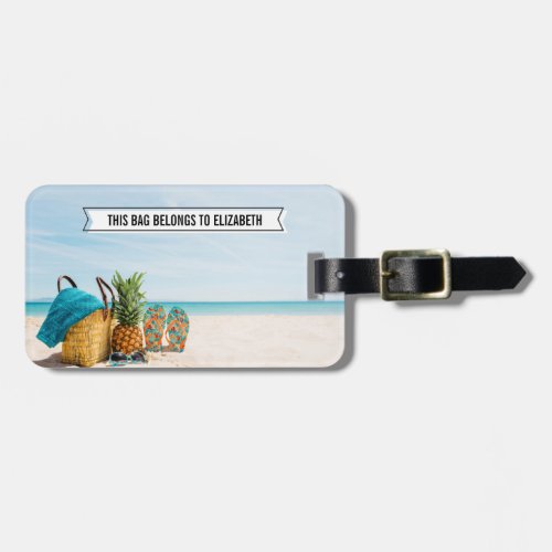 Beach elements background  customizable text luggage tag